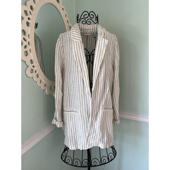 Rachel Zoe Linen Blend Yarn Dyed Striped  Blazer Jacket Size M White Black - Picture 1 of 6